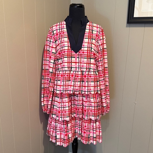 Sail to Sable Dresses & Skirts - Sail to Sable Red Pink and White V Neck Layered Preppy Plaid Midi Dress